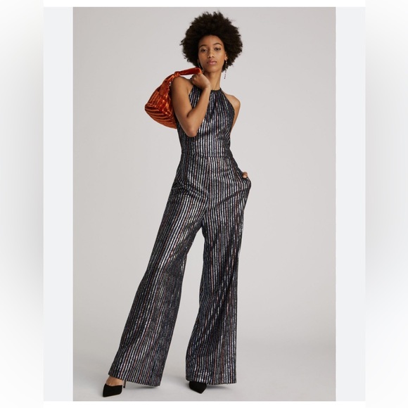 Anthropologie Black and Silver Striped Jumpsuit, Sequins, size 14. - Picture 2 of 16